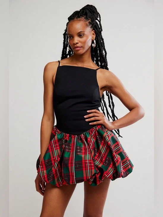 Free People Tinsel Kiss Mini Women's Dress in Black & Red Green Tartan size XS - Picture 1 of 6
